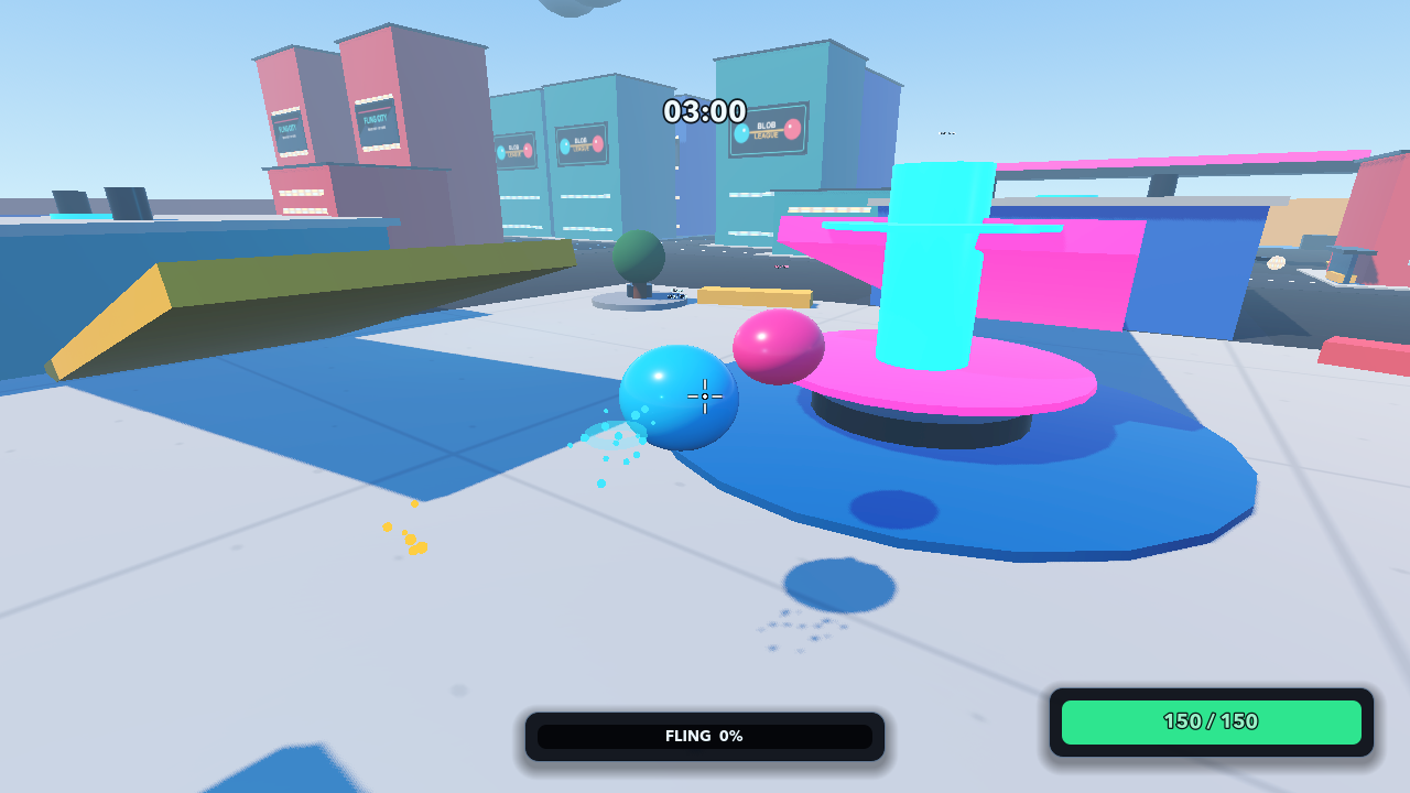 Fresh current-build capture of a cyan blob colliding with a pink rival in Fling City