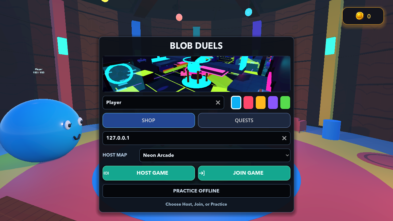 Fresh current-build lobby with Shop, Quests, Host Game, Join Game, and Practice Offline options